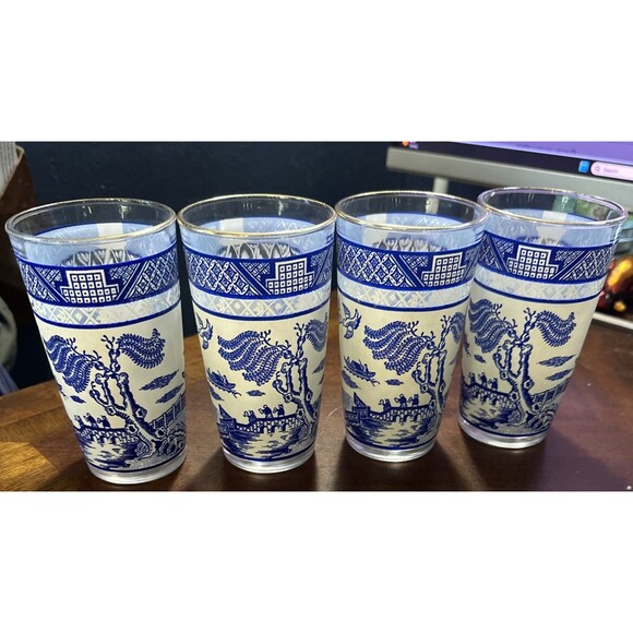 VINTAGE Hazel Atlas Blue Willow 10 oz Glass Tumbler Set of 4 Gold Rimmed - Picture 1 of 6